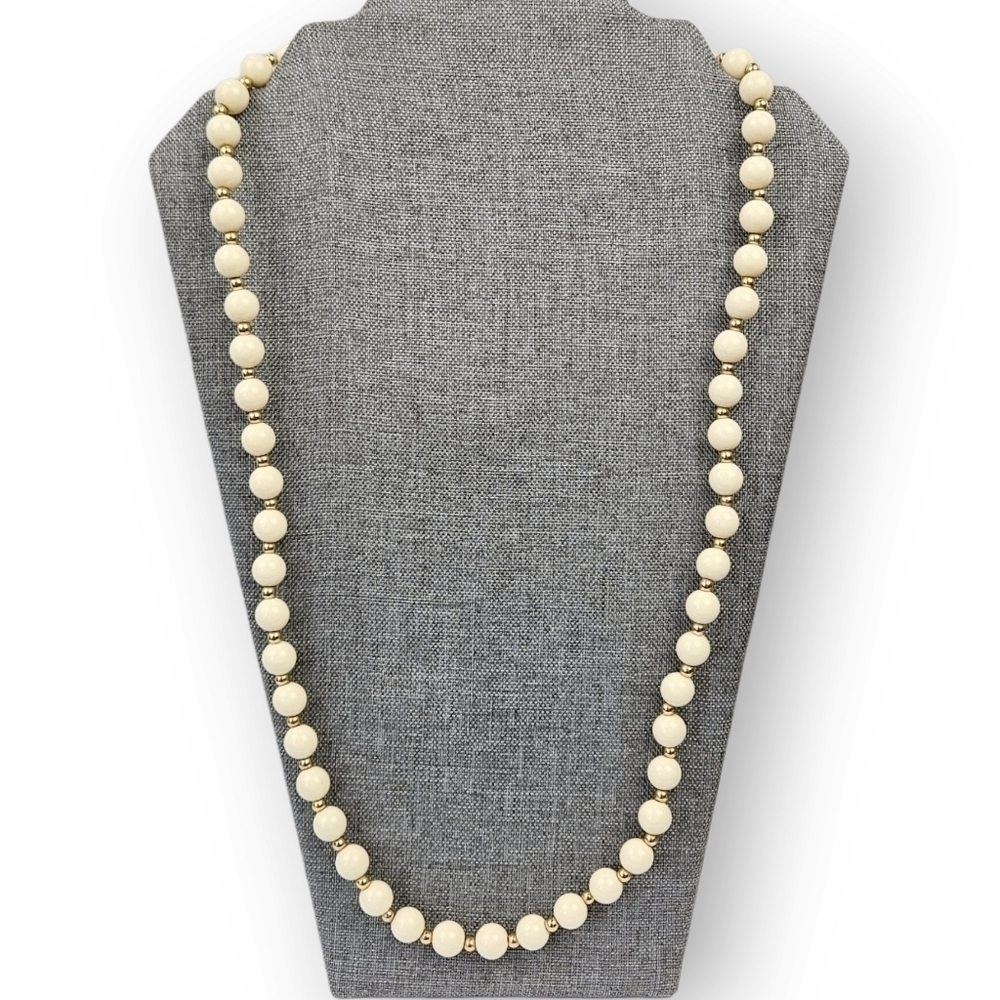 Crown Trifari Ball Bead Necklace Cream Gold Plate Beaded Strand Vintage 29" Long
